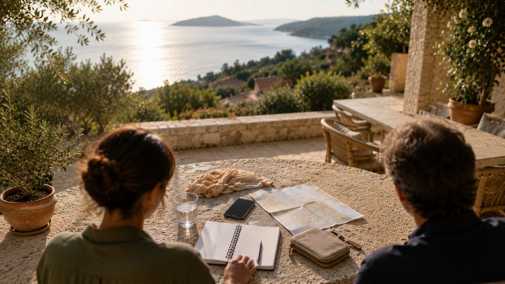 Zwei Personen planen gemeinsam mit Karte auf einer Terrasse – persönliche Reisebegleitung.
