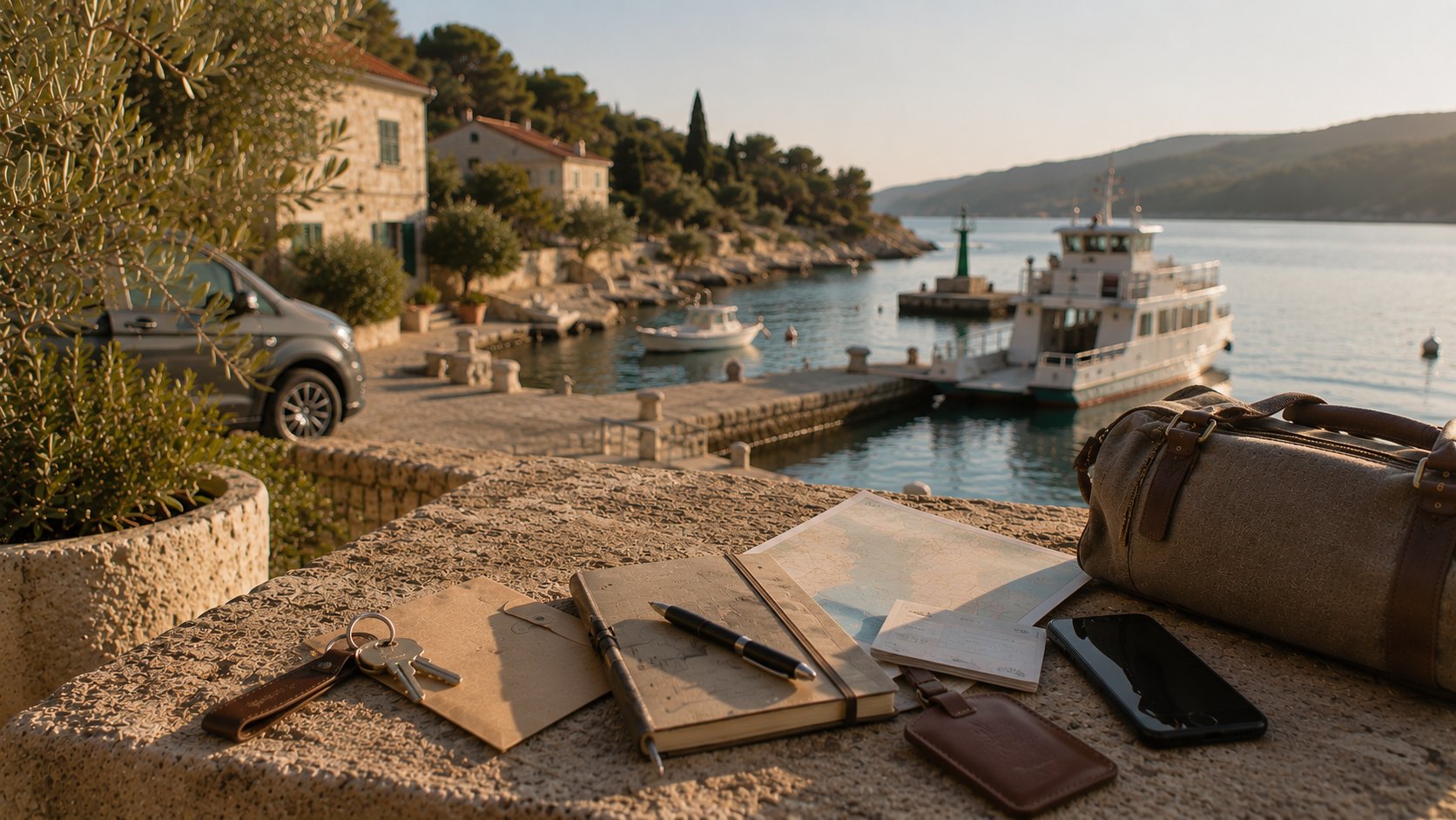 Mercedes V-Klasse am kroatischen Hafen mit Fähre und Boot im Hintergrund, goldene Stunde – Mobilität & Übergaben.