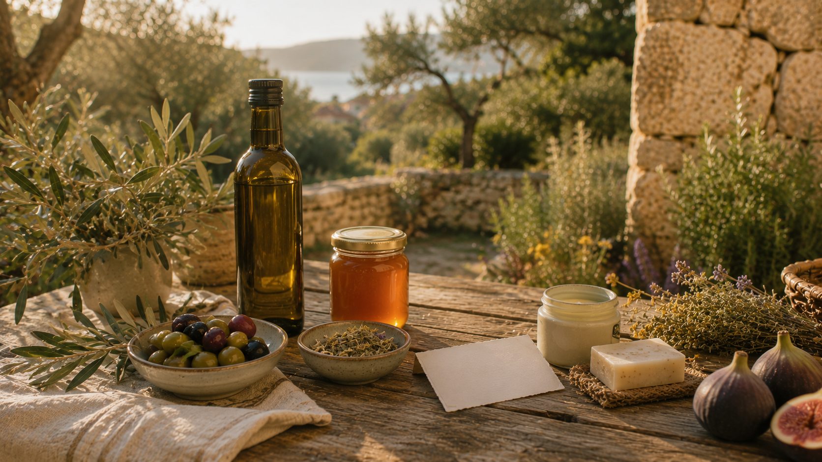 Regionale Produkte – Olivenöl, Honig und Oliven – auf einem Tisch mit Blick aufs Meer.