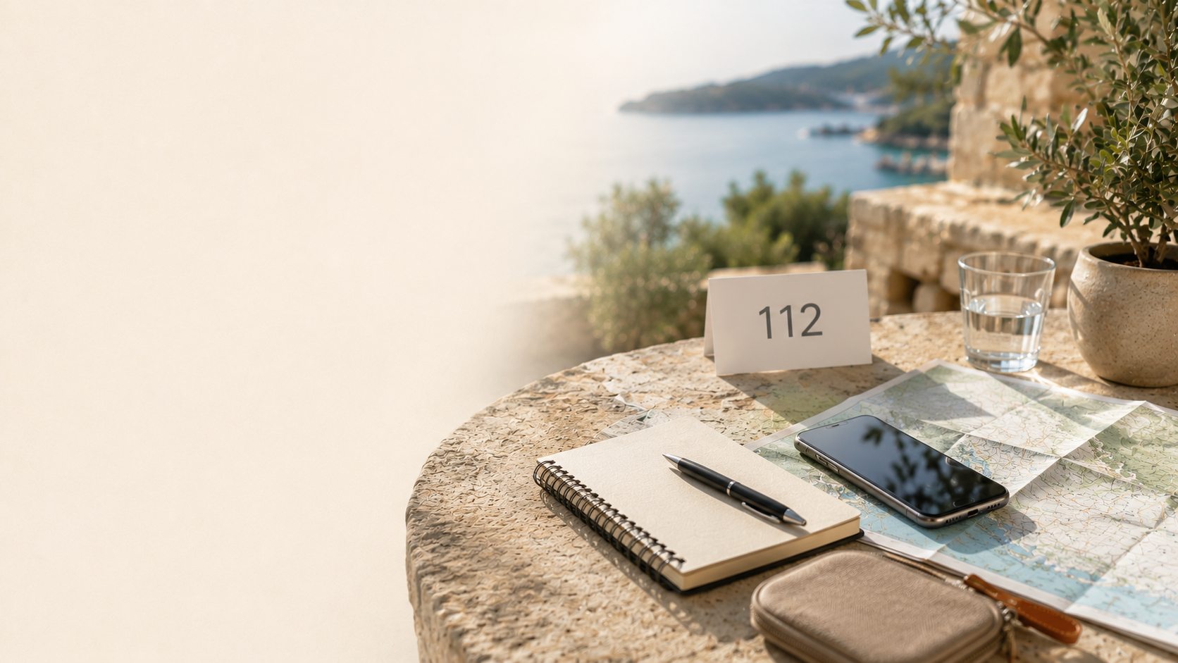 Karte und Notizbuch mit Notrufkarte 112 auf Steintisch mit Meerblick – Sicherheitshinweise Kroatien.