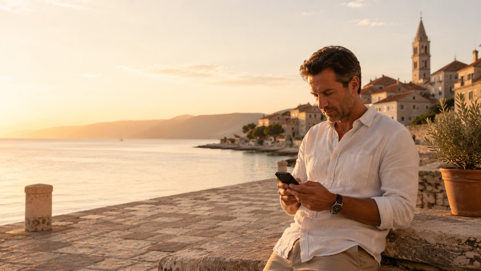 Zwei Personen klären auf einer mediterranen Terrasse ruhig ein Anliegen mit Smartphone, Notizbuch und Schlüssel.